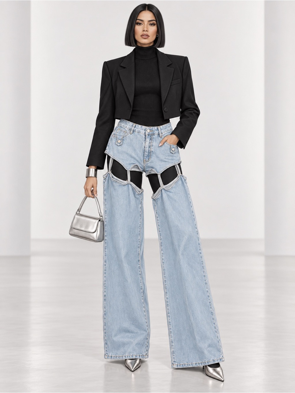 Light Blue Cut-Out Wide-Leg Jeans with High Rise